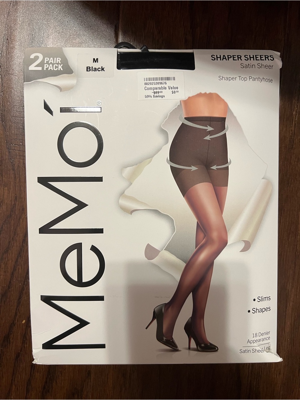 2 Pair MeMoi Women's Satin Sheer Shaper Top Pantyhose  Medium / Black MSRP $22